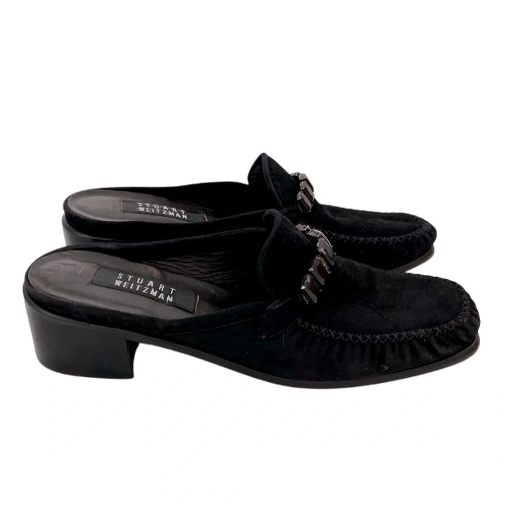 Stuart Weitzman Black Suede Genuine Leather Mules Loafers block heels 8.5 - Picture 2 of 10